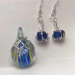 Handmade blown glass, wrapped pendant & earrings
